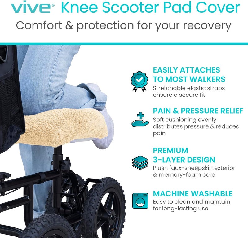 Vive Mobility Knee Walker Pad Cover - Plush Synthetic Faux Sheepskin Scooter Cushion - Accessory for Knee Roller - Leg Cart Improves Comfort During Injury (Off-White) - Image 2