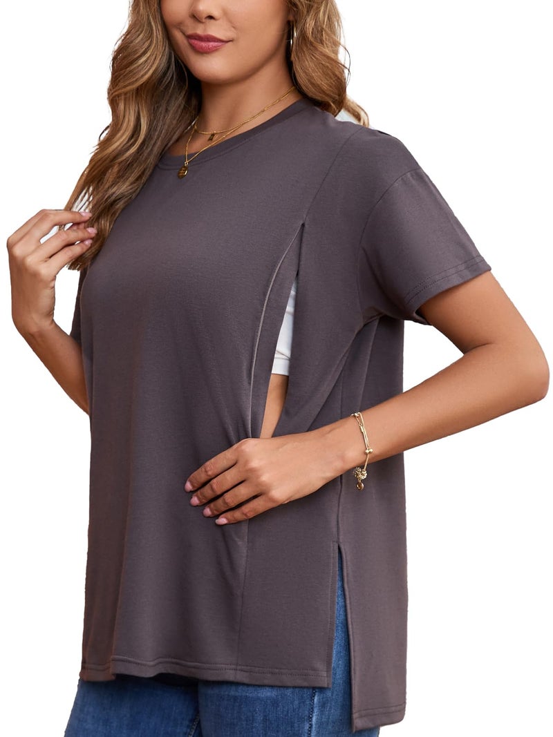 Ecavus Women's Oversized Nursing Shirts for Breastfeeding with Hidden Zipper Short Sleeves Side Splits Maternity Tops Deep Gray - Image 1