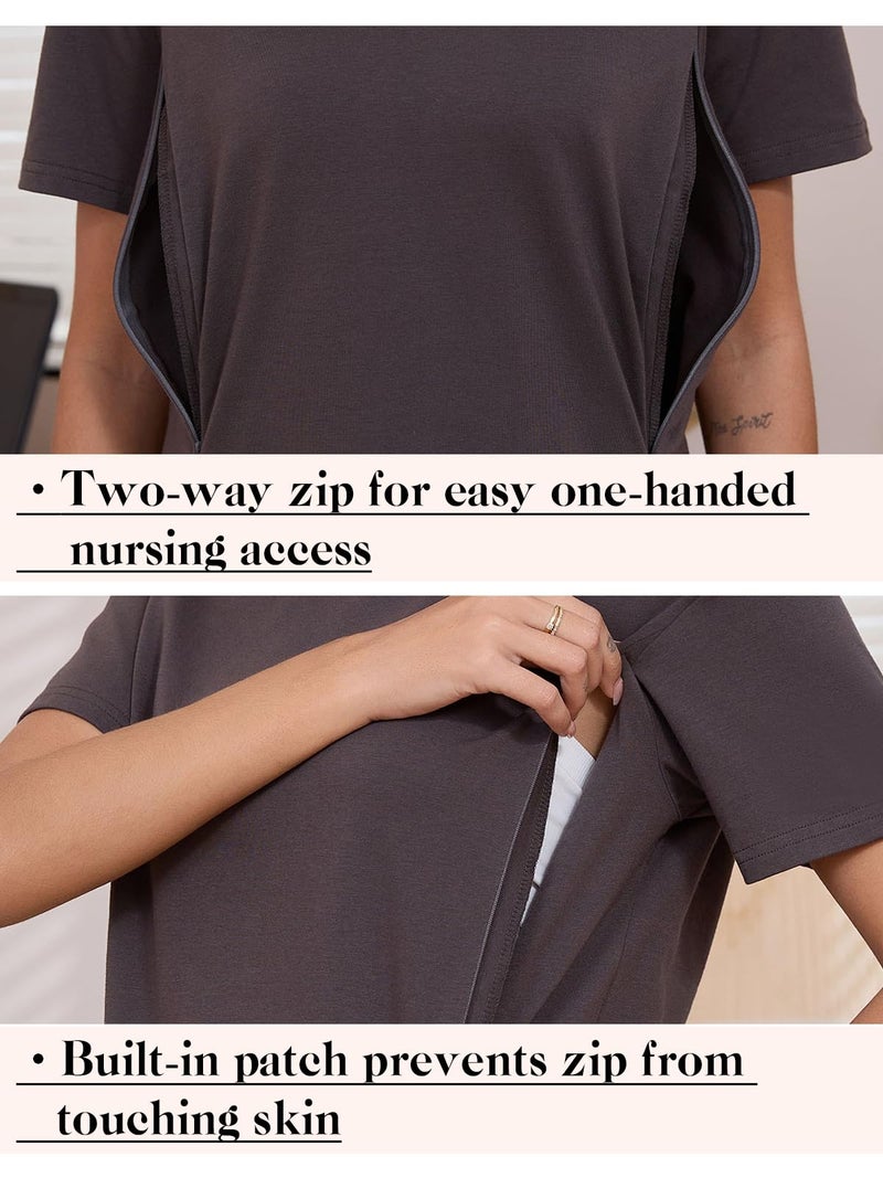 Ecavus Women's Oversized Nursing Shirts for Breastfeeding with Hidden Zipper Short Sleeves Side Splits Maternity Tops Deep Gray - Image 3