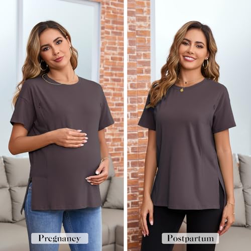 Ecavus Women's Oversized Nursing Shirts for Breastfeeding with Hidden Zipper Short Sleeves Side Splits Maternity Tops Deep Gray - Image 2