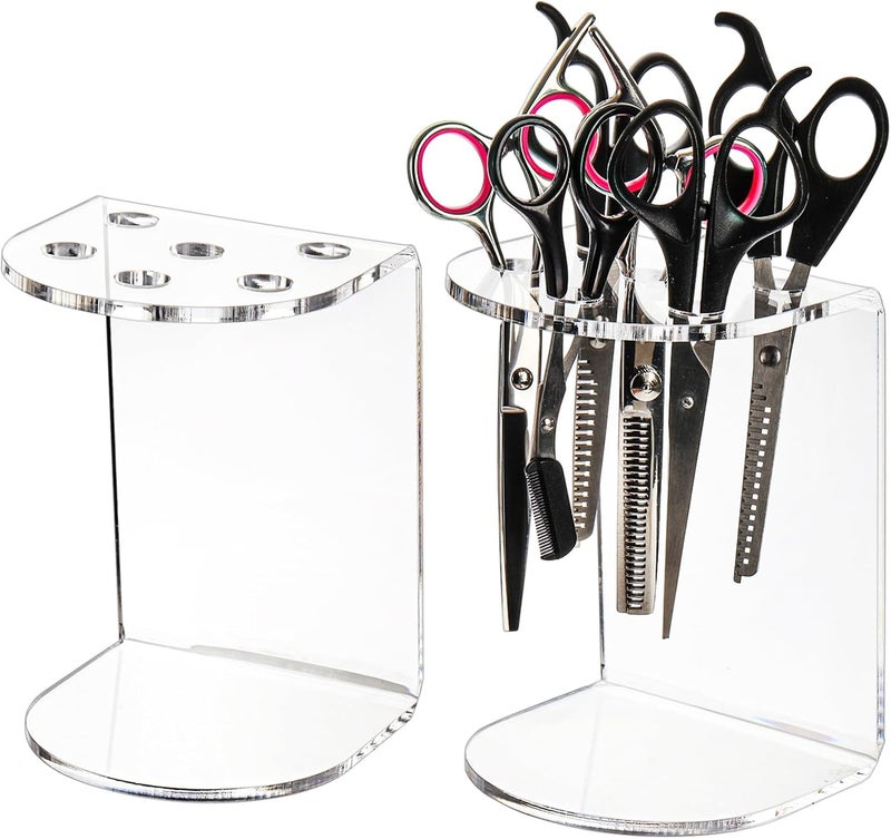 Hedume 2 Pack 6 Holes Clear Acrylic Scissors Holder Rack, Salon Shear Holder, Barber Shop Scissors Stand, Desktop Hairdresser Scissors Combs Clips Organizer