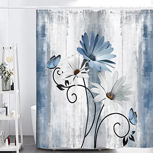 VeiVian Rustic Farmhouse Shower Curtain, Farm Blue Daisy Floral Flowers and Butterfly on Country Wooden Shower Curtain for Bathroom with 12PCS Hooks, 70X70IN, Turquoise Blue - Image 3