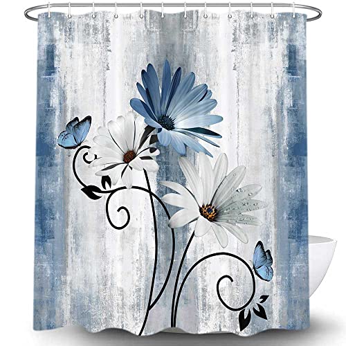 VeiVian Rustic Farmhouse Shower Curtain, Farm Blue Daisy Floral Flowers and Butterfly on Country Wooden Shower Curtain for Bathroom with 12PCS Hooks, 70X70IN, Turquoise Blue - Image 4