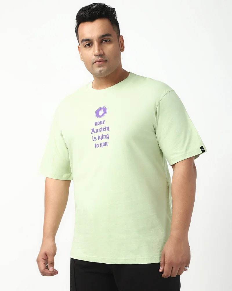 bewakoof Men's Fog Green Anxiety Graphic Printed Oversized Plus Size T-shirt