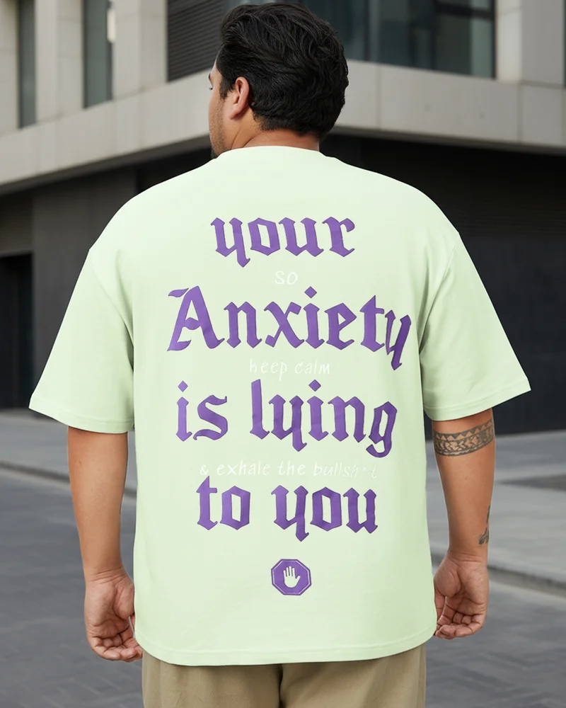 bewakoof Men's Fog Green Anxiety Graphic Printed Oversized Plus Size T-shirt