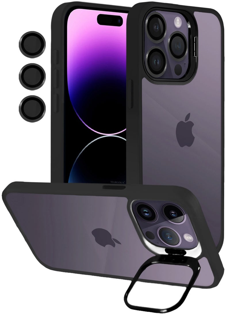 CATANES Transparent Case Cover with Flip Bracket Stand for iPhone 14 Pro – Shockproof Clear Back Cover with Lens Protection - Black - Image 1