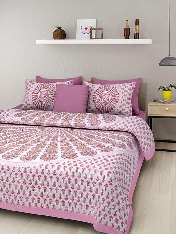 DE CAMA Since 1997 | 100% Cotton 300 TC Premium Double Size Bedsheet for Double Bed (90 x 100 Inch) with 2 Pillow Covers Set (17 x 27 Inch) Designer Printed Bedsheet Set - Pink - Image 1