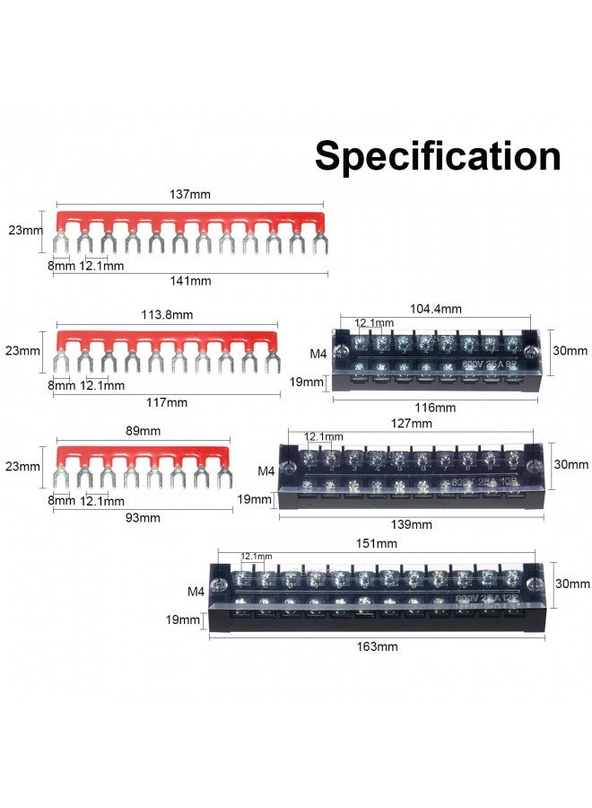 MILAPEAK MILAPEAK Terminal Block and Strip - 6 Sets 8/10/12 Positions 600V 25A Dual Row Wire Screw Terminal Strip Block with Cover + 400V 25A Pre-Insulated Terminals Barrier Strips Jumpers (Black & Red)  - Image 1