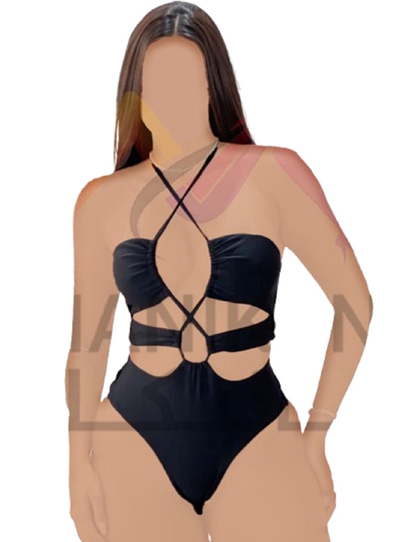 MANIKAN One-Piece Black Bodysuit with Bold Cutouts and Crisscross Straps  - Image 1