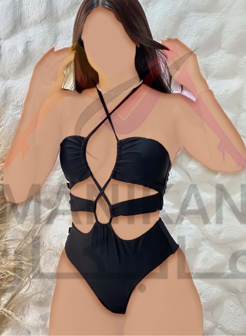 MANIKAN One-Piece Black Bodysuit with Bold Cutouts and Crisscross Straps  - Image 3