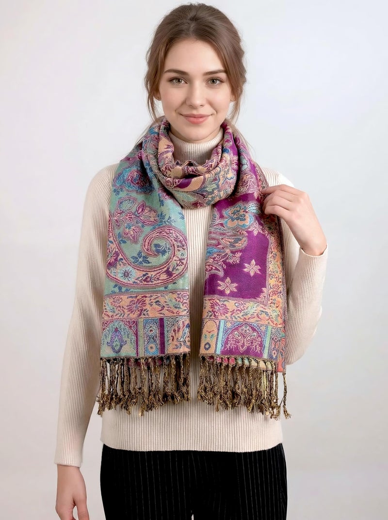 Achillea Elegant Paisley Floral Pashmina Shawl and Wrap â€“ Boho Rave Scarf for Festival, Travel & Everyday Wear (Purple Turquoise) - Image 2