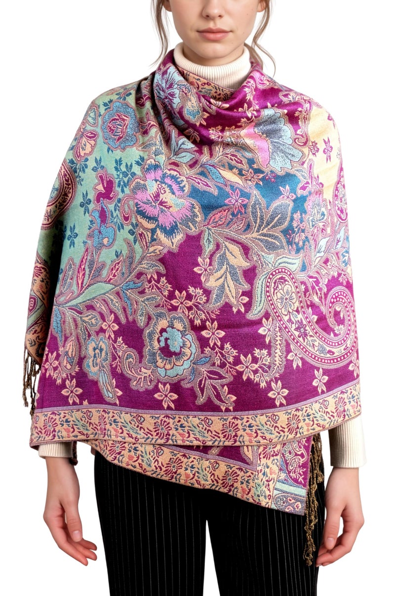 Achillea Elegant Paisley Floral Pashmina Shawl and Wrap â€“ Boho Rave Scarf for Festival, Travel & Everyday Wear (Purple Turquoise) - Image 1