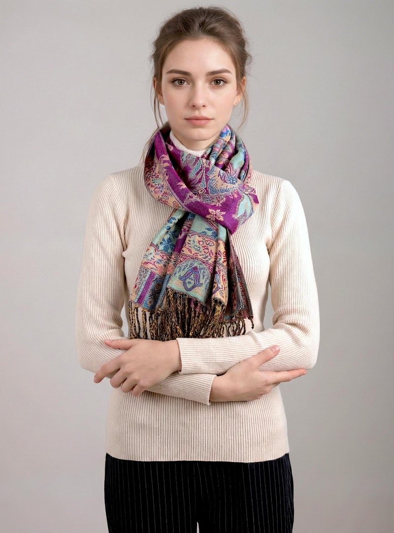 Achillea Elegant Paisley Floral Pashmina Shawl and Wrap â€“ Boho Rave Scarf for Festival, Travel & Everyday Wear (Purple Turquoise) - Image 3