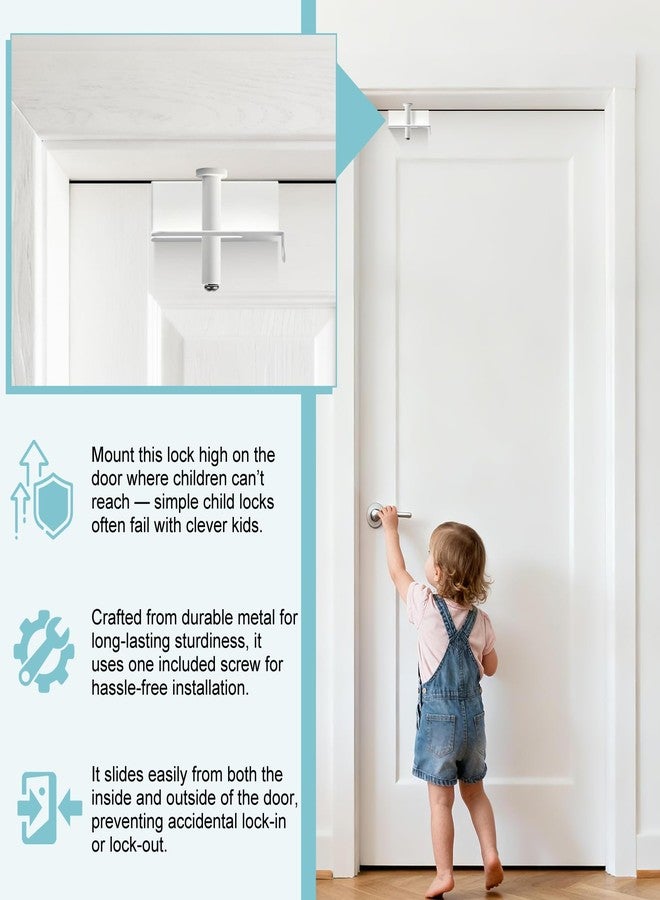 GQGP Child Safety Door Top Lock, Adjustable Metal Child Proof Door Top Locks for Interior&Exterior&French Doors, Lock & Unlock from Both Sides for Childproofing, Fit 0.6-2 inch Thick Doors (1Pack White) - Image 3