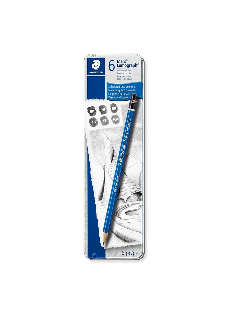 STAEDTLER Staedtler Mars Lumograph 100G6 Soft Grades 8BHb Pencil Tin Of 6Black  - Image 1