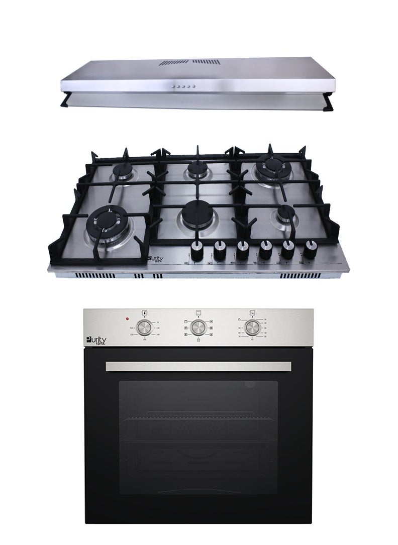 Purity Purity Built-in Kitchen Hood, 90 cm, Silver - PTSLIM 90 cm - Purity Built-in Stainless Steel Hob, 6 Burners, 90 cm, Silver - HPT904S - Purity Built-in Gas Oven with Grill, 65 L, 60 cm, Stainless Steel - OPT601GG  - Image 1