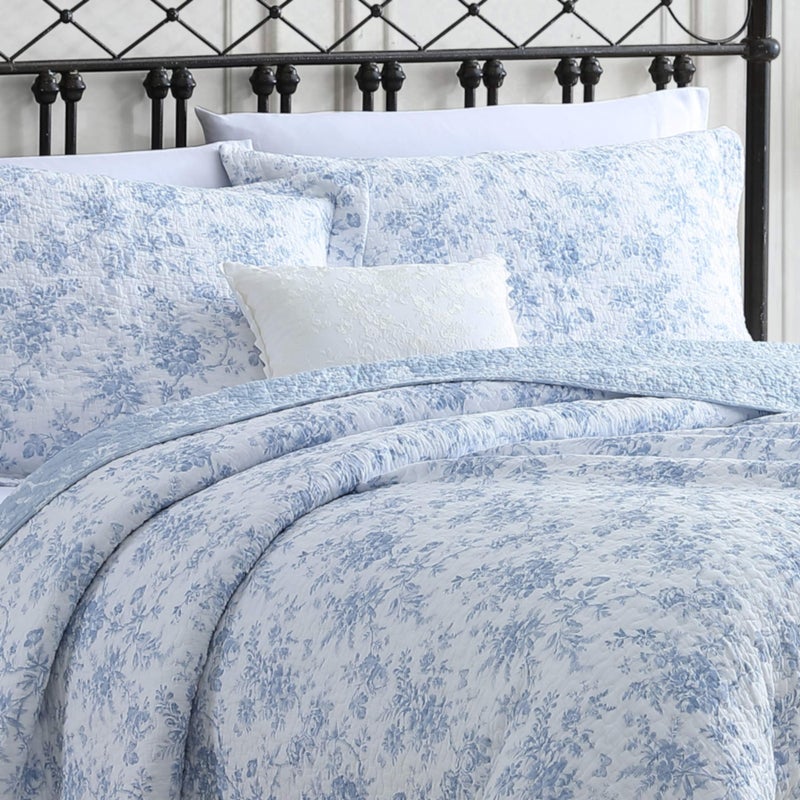 Laura Ashley - Full/Queen Quilt Set, Reversible Cotton Bedding with Matching Sham, Medium-Weight for Year Round Use, Floral Print Bed Set (Walled Garden Blue) - Image 5