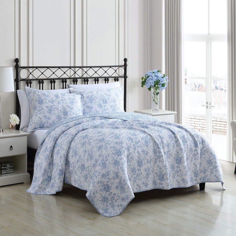 Laura Ashley - Full/Queen Quilt Set, Reversible Cotton Bedding with Matching Sham, Medium-Weight for Year Round Use, Floral Print Bed Set (Walled Garden Blue) - Image 3