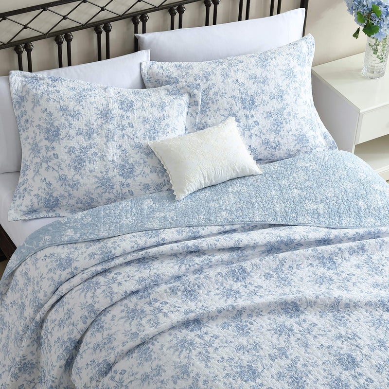 Laura Ashley - Full/Queen Quilt Set, Reversible Cotton Bedding with Matching Sham, Medium-Weight for Year Round Use, Floral Print Bed Set (Walled Garden Blue) - Image 4