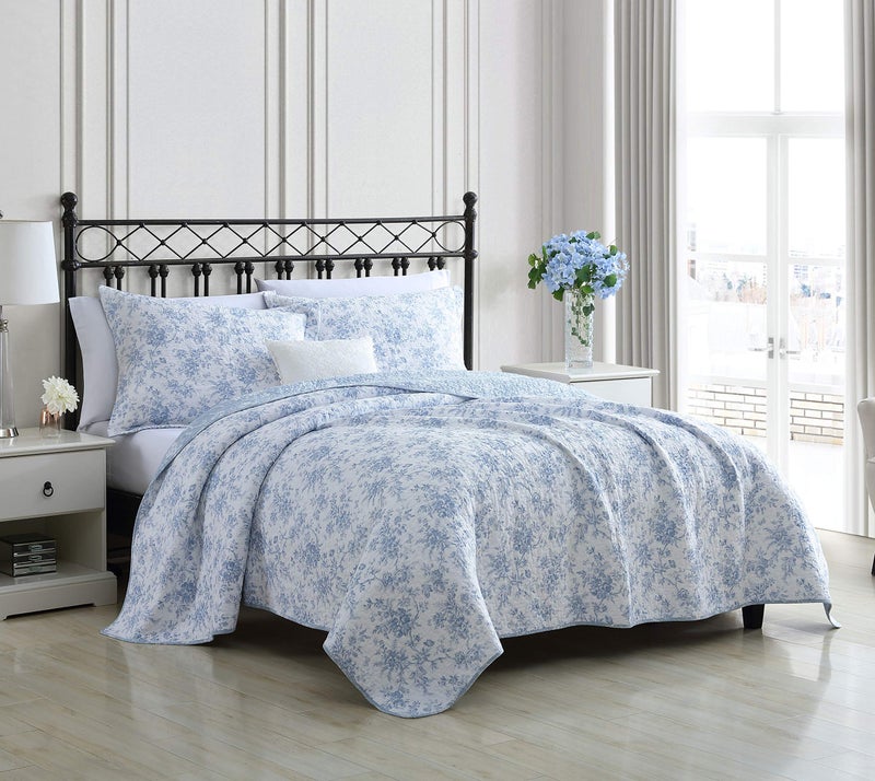 Laura Ashley - Full/Queen Quilt Set, Reversible Cotton Bedding with Matching Sham, Medium-Weight for Year Round Use, Floral Print Bed Set (Walled Garden Blue) - Image 1