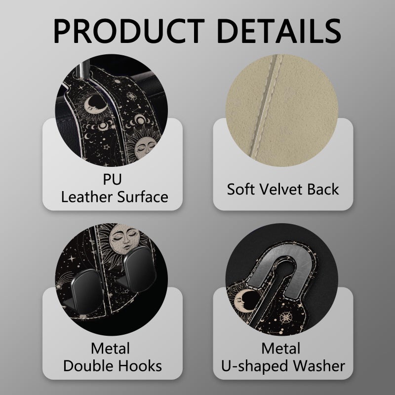 Blusabaca 2PCS Car Seat Back Storage Headrest Hooks, Sun and Moon Purse Holder Bags Hanger, PU Leather Double Metal Hook for Backseat Organizer, Women Car Accessories Organization - Image 4