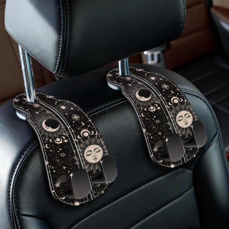 Blusabaca 2PCS Car Seat Back Storage Headrest Hooks, Sun and Moon Purse Holder Bags Hanger, PU Leather Double Metal Hook for Backseat Organizer, Women Car Accessories Organization - Image 1