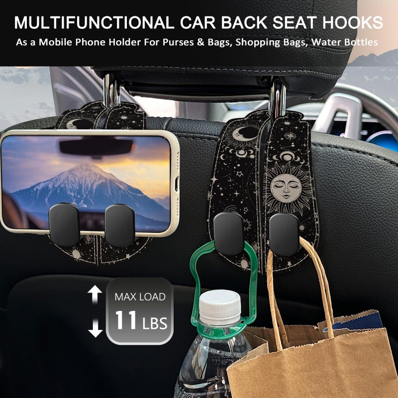 Blusabaca 2PCS Car Seat Back Storage Headrest Hooks, Sun and Moon Purse Holder Bags Hanger, PU Leather Double Metal Hook for Backseat Organizer, Women Car Accessories Organization - Image 3