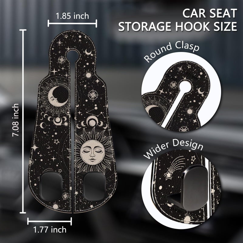 Blusabaca 2PCS Car Seat Back Storage Headrest Hooks, Sun and Moon Purse Holder Bags Hanger, PU Leather Double Metal Hook for Backseat Organizer, Women Car Accessories Organization - Image 5