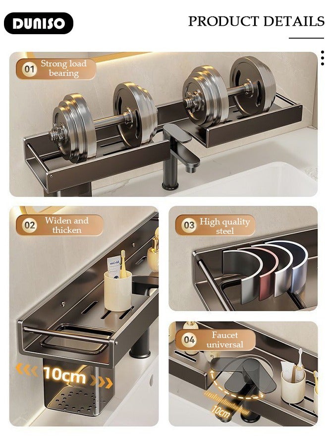 DUNISO رف فوق الحوض مع رف تخزين، منظم رف فوق الصنبور، رف حوض الحمام فوق الصنبور، تصميم مقعر على شكل U لمنظم السطح، رف تخزين مجوف متعدد الوظائف للحمام والمطبخ - Image 2