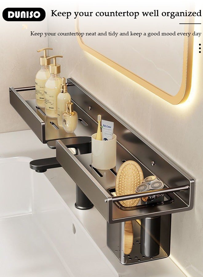 DUNISO رف فوق الحوض مع رف تخزين، منظم رف فوق الصنبور، رف حوض الحمام فوق الصنبور، تصميم مقعر على شكل U لمنظم السطح، رف تخزين مجوف متعدد الوظائف للحمام والمطبخ - Image 5