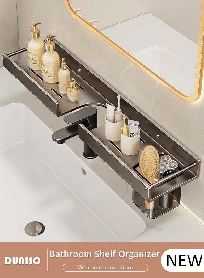 DUNISO رف فوق الحوض مع رف تخزين، منظم رف فوق الصنبور، رف حوض الحمام فوق الصنبور، تصميم مقعر على شكل U لمنظم السطح، رف تخزين مجوف متعدد الوظائف للحمام والمطبخ - Image 1