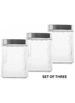 VOIDROP Set Of 3 Airtight Glass Jar with Vertical Pattern with Silver Lid Clear Food Storage for Noodles Flour Rice Sugar Coffee Beans 1200ML