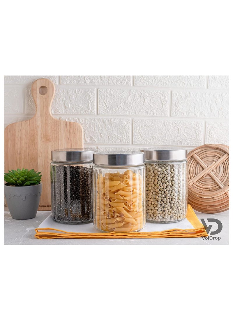 VoiDrop - VOIDROP Set Of 3 Airtight Glass Jar with Vertical Pattern with Silver Lid Clear Food Storage for Noodles Flour Rice Sugar Coffee Beans 1200ML - Image 1
