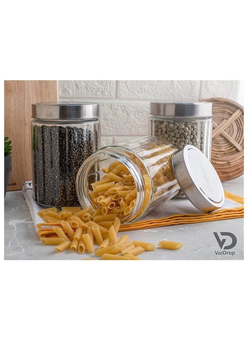 VoiDrop - VOIDROP Set Of 3 Airtight Glass Jar with Vertical Pattern with Silver Lid Clear Food Storage for Noodles Flour Rice Sugar Coffee Beans 1200ML - Image 1