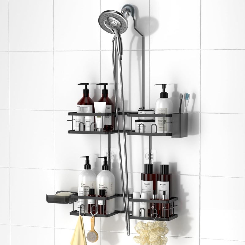 REINHARDT Adjustable Shower Caddy Hanging Rustproof Shower Caddy for Handheld Showerheads Shower Organizer with Hooks Soap Holder Toothbrush Holder AntiSwing Shower Rack Bathroom Accessories Black - Image 2