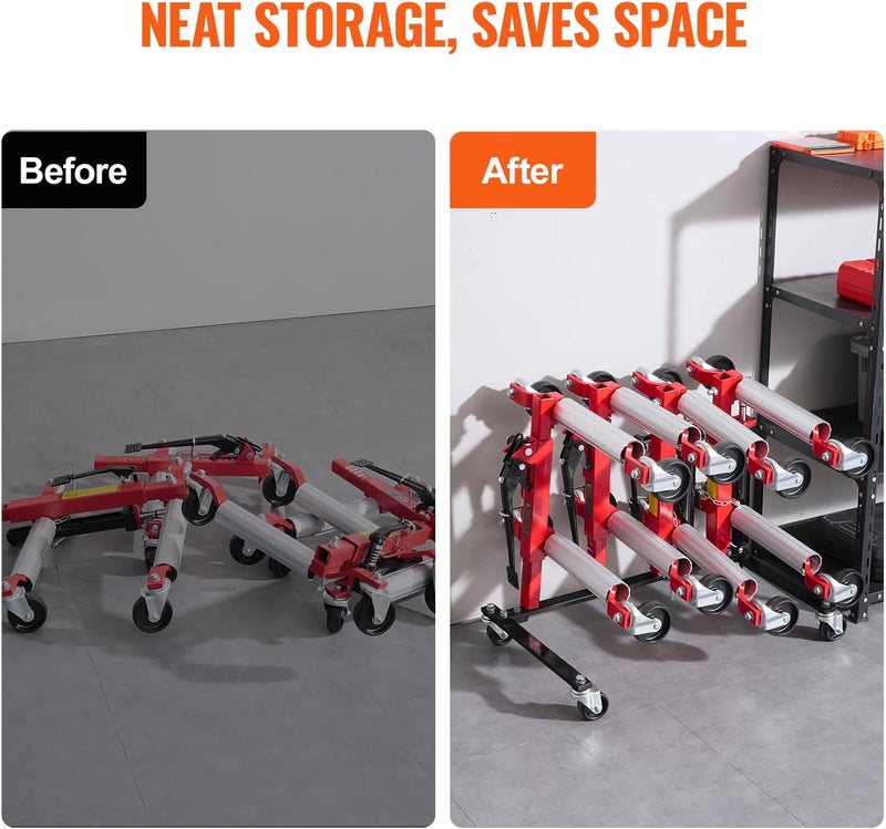 VEVOR Car Dolly Rack, Storage Rack with 360° Rotatable Wheels, Hydraulic Ratchet Trolley Jack Stand Organizer, Jack Stands Holder Storage Rack, 4-Dolly Capacity, Compatible with Most Dollies - Image 4