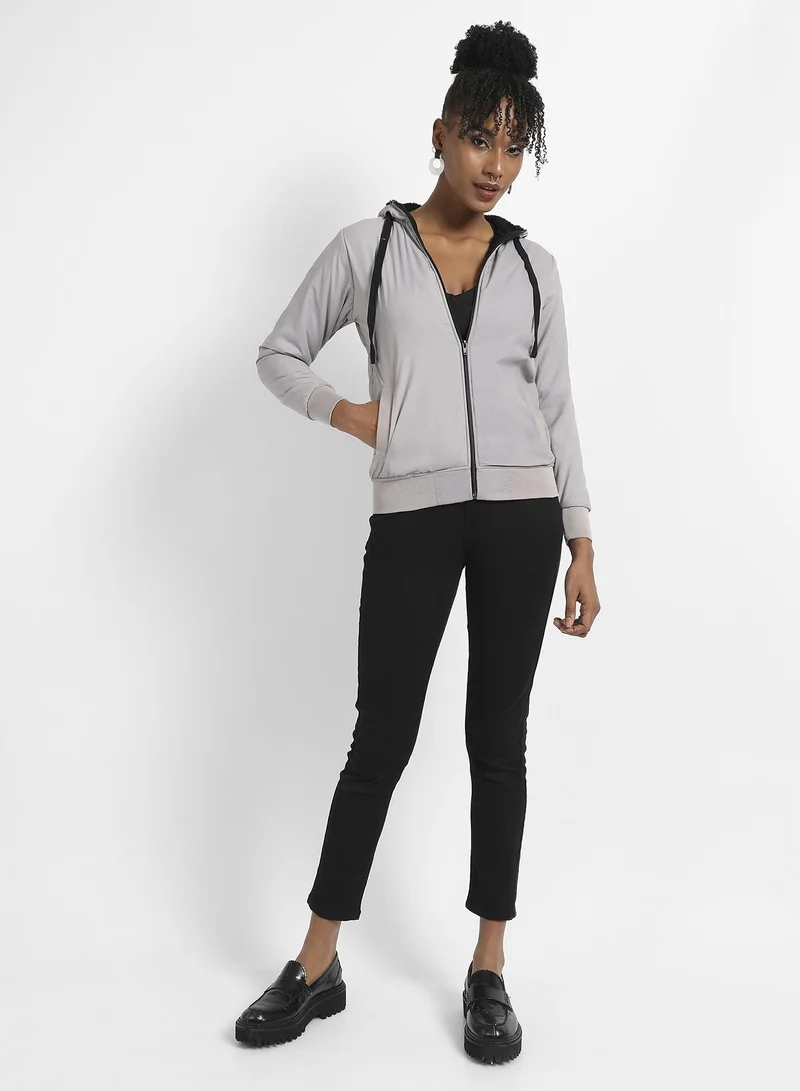 Campus Sutra Zip-Front Puffer Jacket With Contrast Drawstring