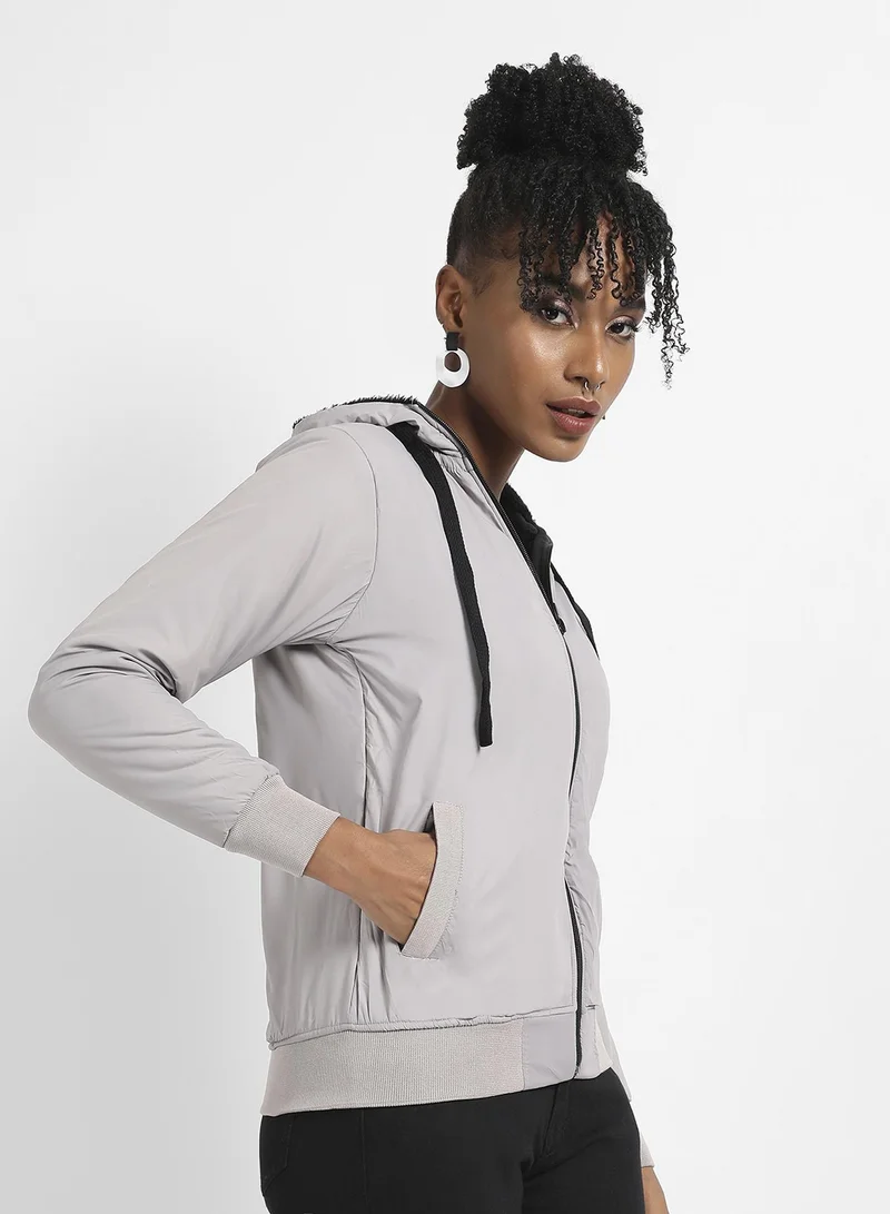Campus Sutra Zip-Front Puffer Jacket With Contrast Drawstring