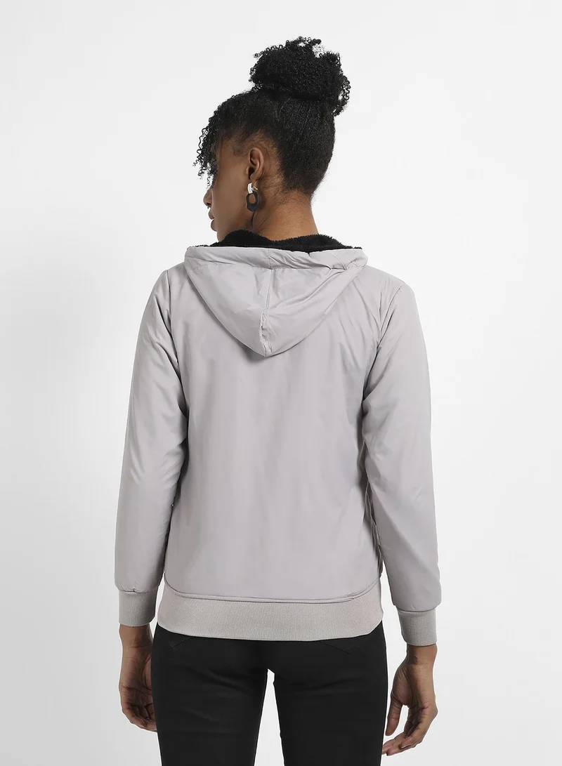 Campus Sutra Zip-Front Puffer Jacket With Contrast Drawstring