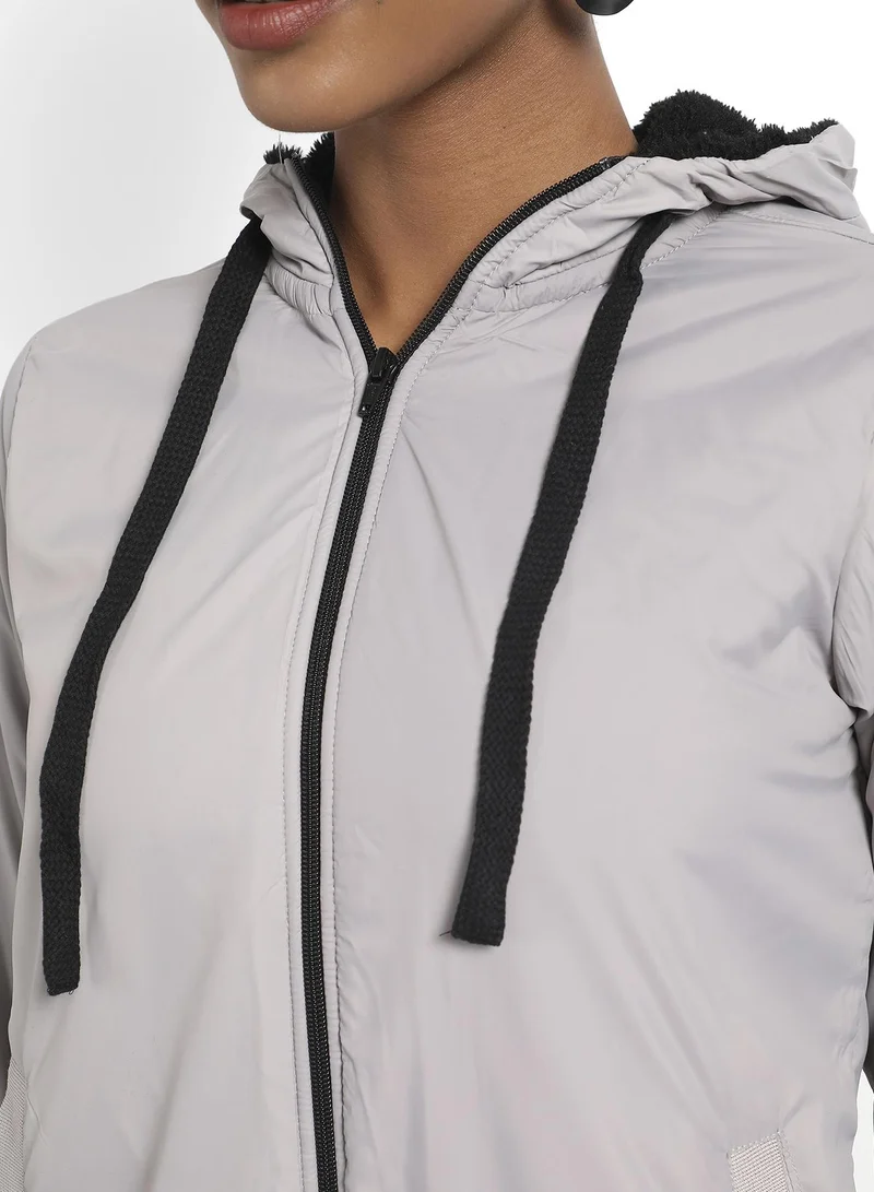 Campus Sutra Zip-Front Puffer Jacket With Contrast Drawstring