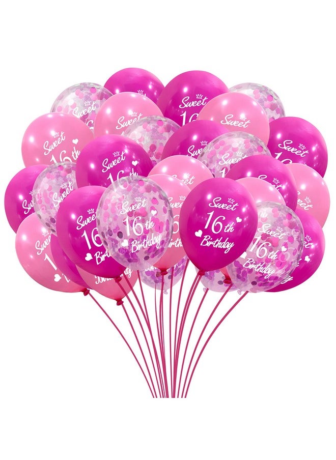 JONHAMWELBOR Sweet 16Th Birthday Latex Balloons Confetti Balloon Pink And Hot Pink Party Decorations 30 Pack 12 Inch Helium Printed 16 Number With Happy Birthday Balloon For Girl  - Image 1