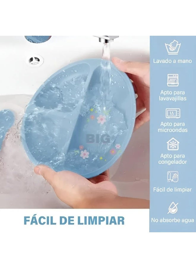 مجموعة ادوات تغذية الاطفال من السيليكون، لوازم الفطام، تتضمن اكواب شفط واطباق مقسمة ومريلة قابلة للتعديل وادوات اطفال وملاعق وشوك وكوب - Image 4