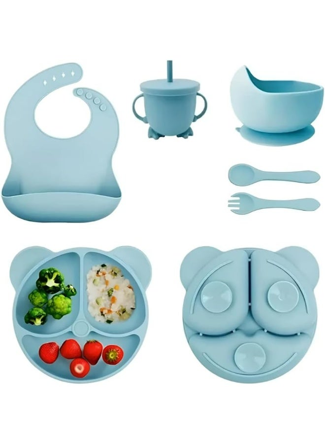 مجموعة ادوات تغذية الاطفال من السيليكون، لوازم الفطام، تتضمن اكواب شفط واطباق مقسمة ومريلة قابلة للتعديل وادوات اطفال وملاعق وشوك وكوب - Image 1
