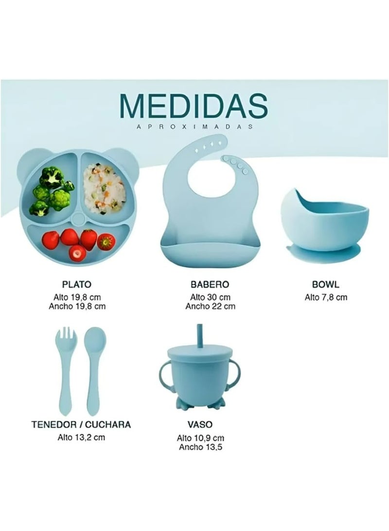 مجموعة ادوات تغذية الاطفال من السيليكون، لوازم الفطام، تتضمن اكواب شفط واطباق مقسمة ومريلة قابلة للتعديل وادوات اطفال وملاعق وشوك وكوب - Image 5