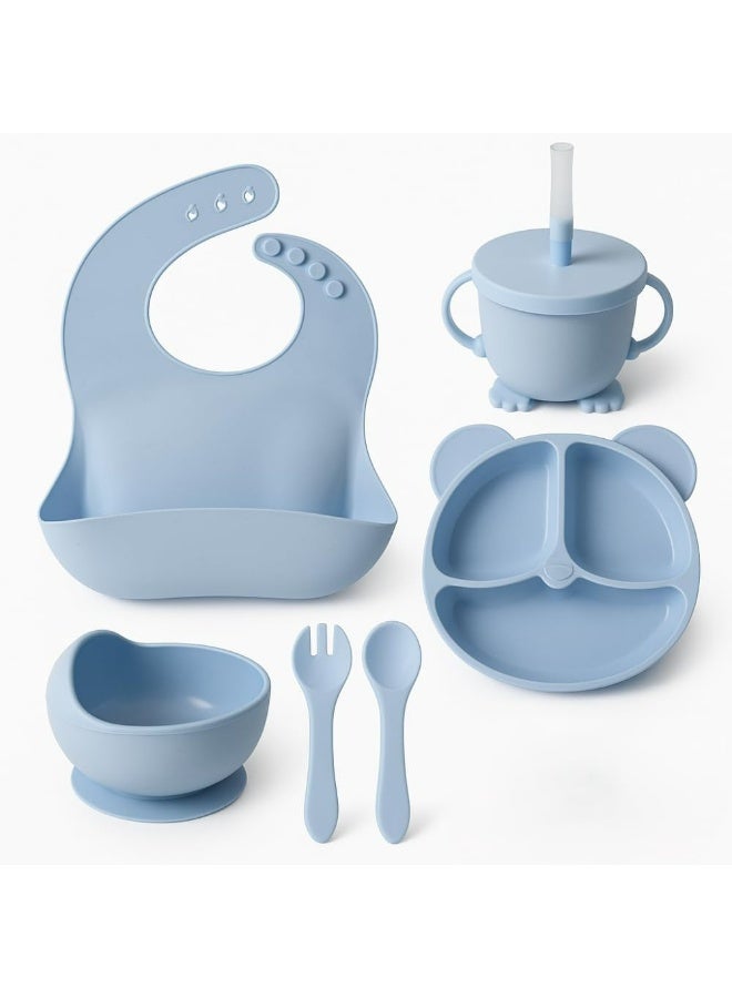 مجموعة ادوات تغذية الاطفال من السيليكون، لوازم الفطام، تتضمن اكواب شفط واطباق مقسمة ومريلة قابلة للتعديل وادوات اطفال وملاعق وشوك وكوب - Image 2
