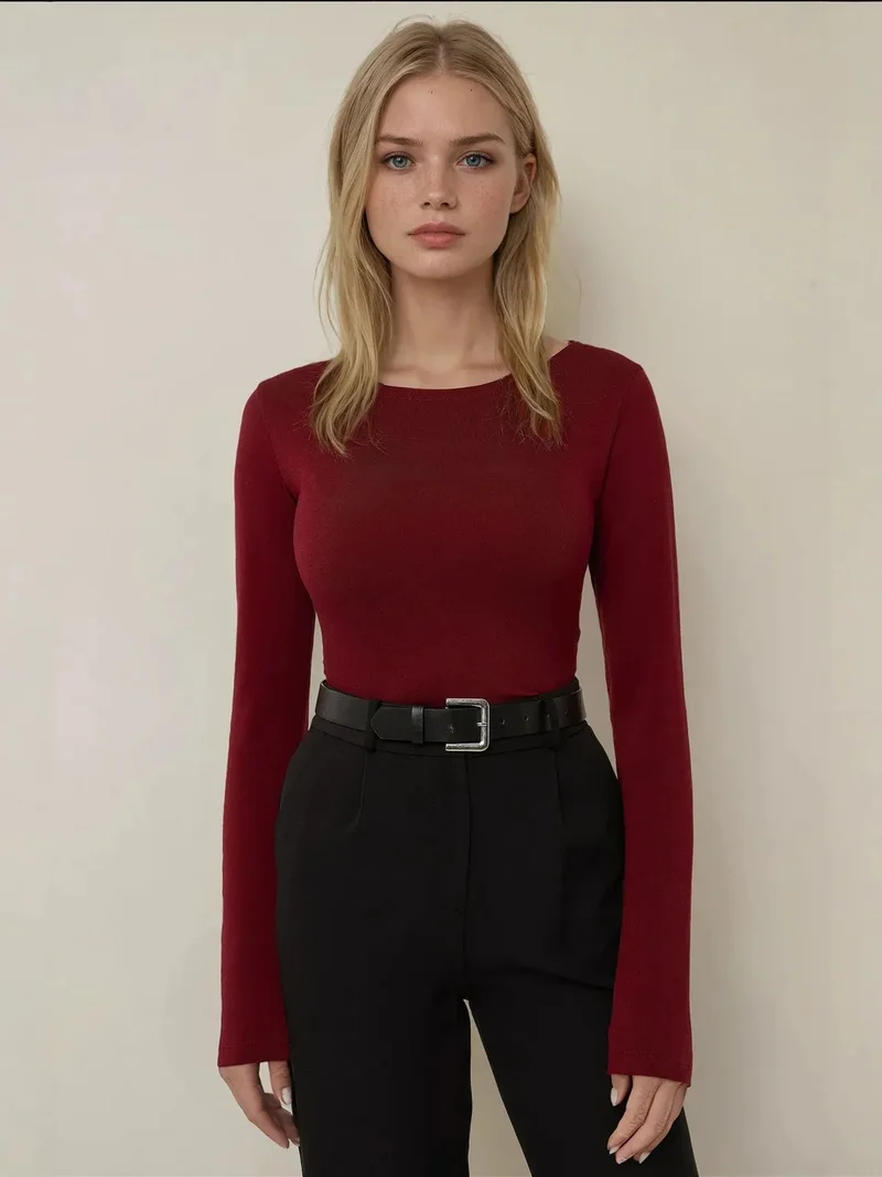 HICCUP Slim Fit Boat Neck Long Sleeve Top