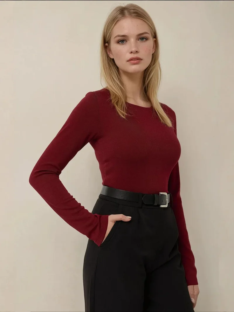 HICCUP Slim Fit Boat Neck Long Sleeve Top