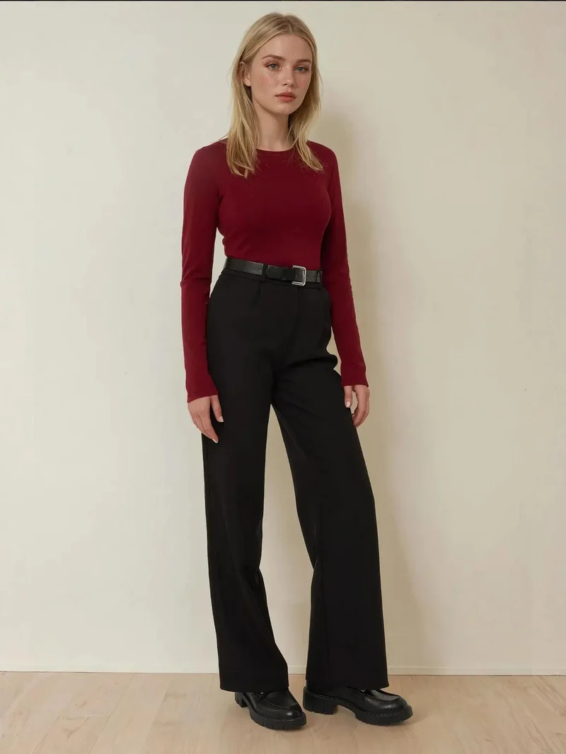 HICCUP Slim Fit Boat Neck Long Sleeve Top