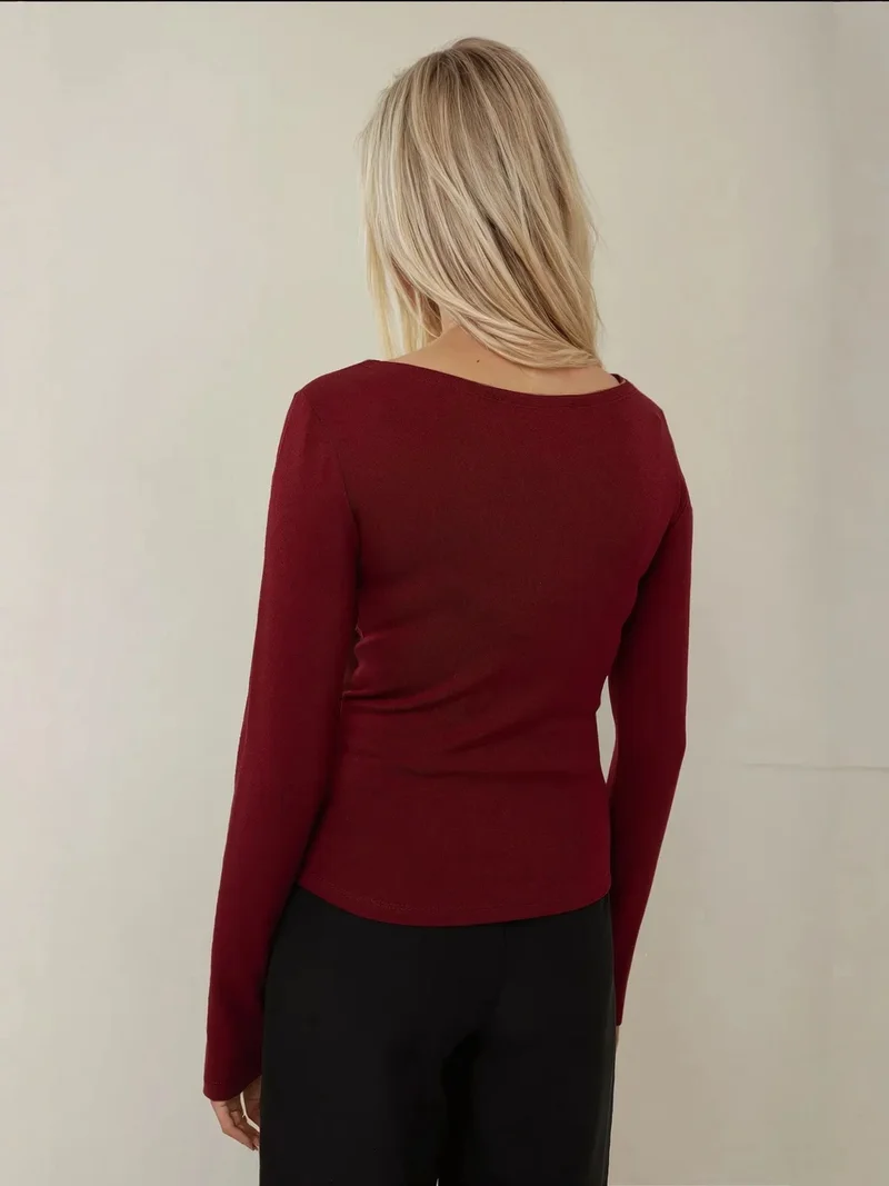 HICCUP Slim Fit Boat Neck Long Sleeve Top