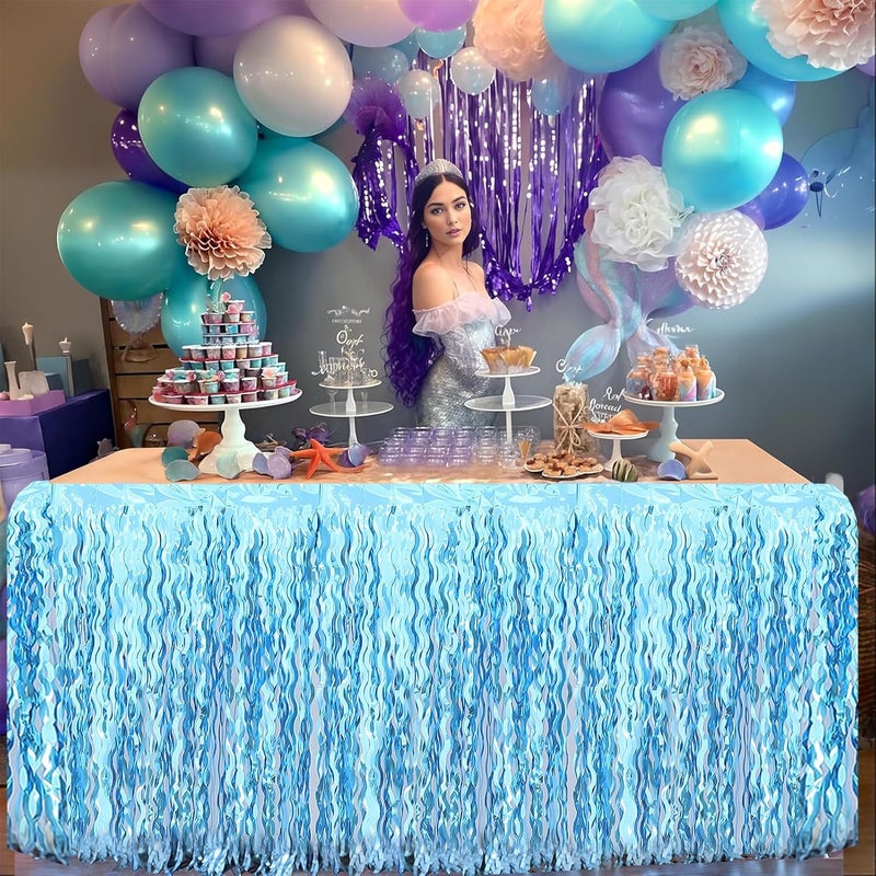 Budicool 2 Pack Teal Blue Shiny Wavy Tinsel Foil Fringe Table Skirts Table Decorations for Mermaid Birthday Decorations,Under The Sea Party Decorations,Baby Shark Birthday Decorations - Image 5